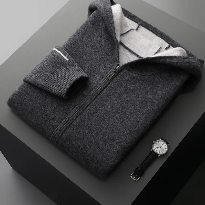 Men's dark blue cashmere cardigan with half-high collar zipper and long sleeves