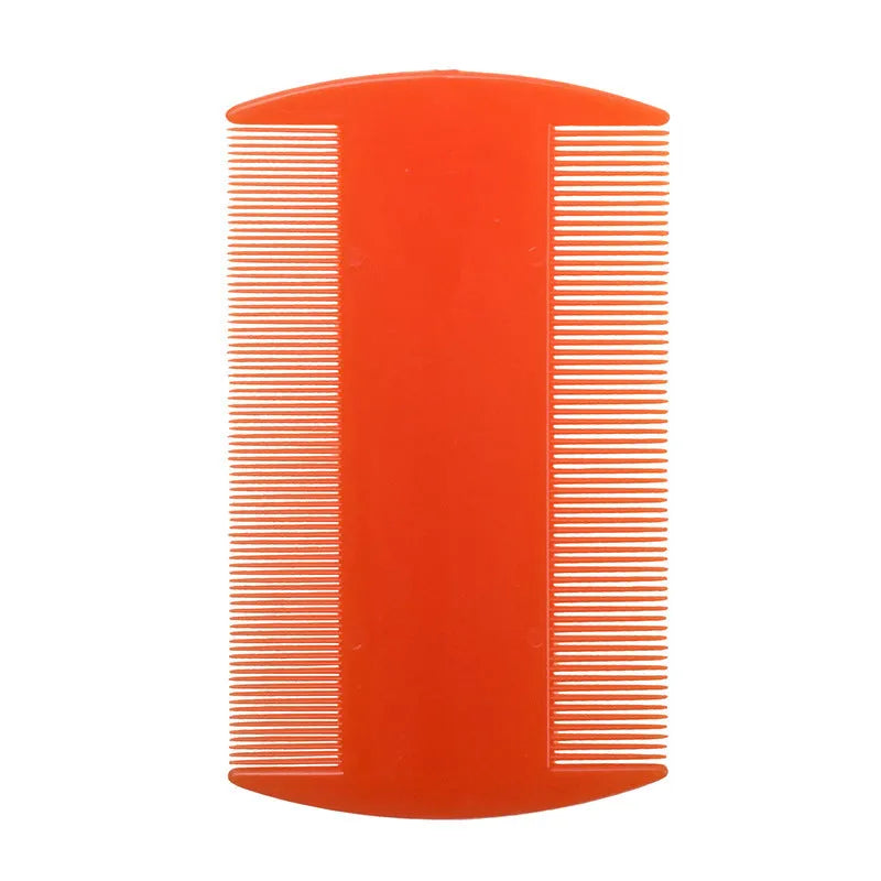 Double-edged plastic fine tooth flea and lice comb in assorted colours on a white background.