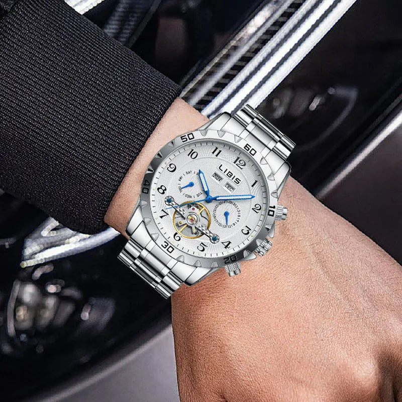 Silver stainless steel automatic perpetual calendar mechanical watch with sapphire crystal glass