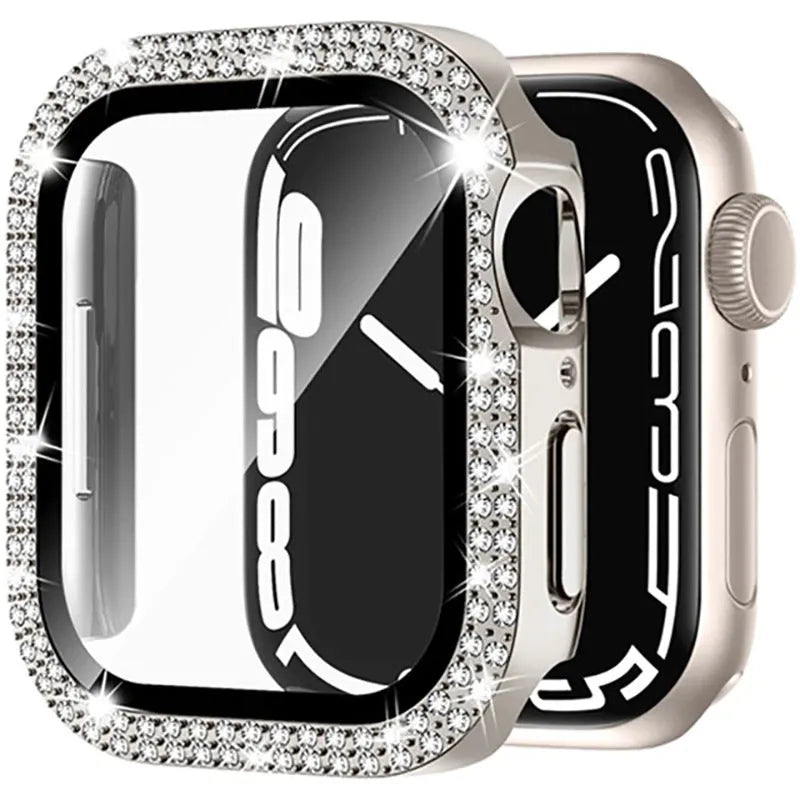 Double diamond glass Apple Watch case in rose pink, showing screen protection for a smartwatch.