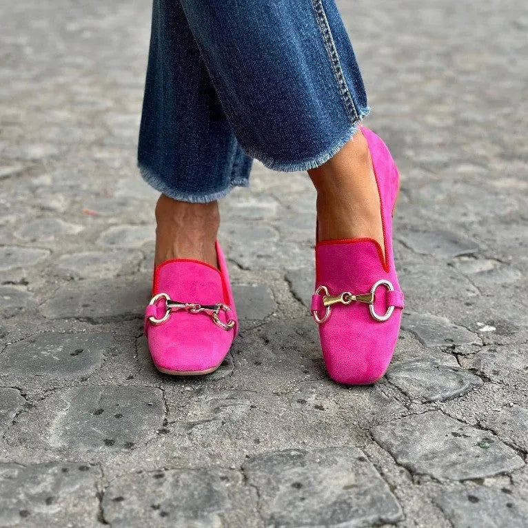 Green suede women's flat loafers with a round toe and metal fastener