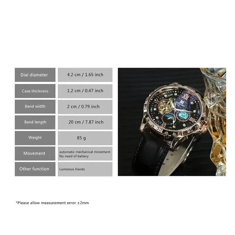 Men's automatic mechanical watch with large hollow dial and rose gold shell casing