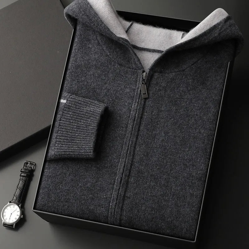 Men's dark blue cashmere cardigan with half-high collar zipper and long sleeves