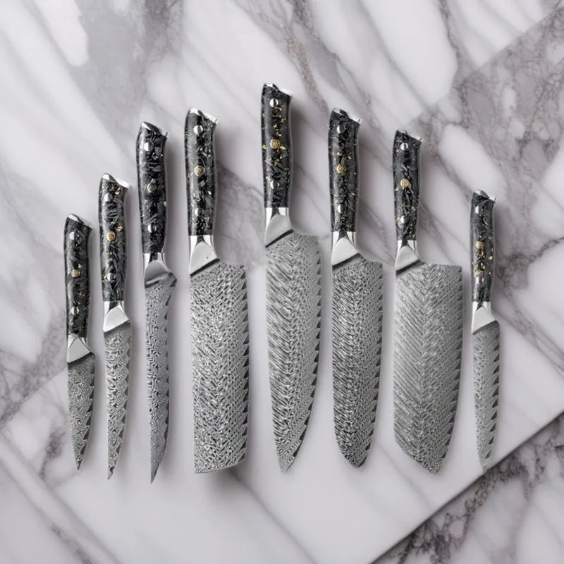 Damascus steel 8-piece kitchen knife set showing fishbone pattern on blades