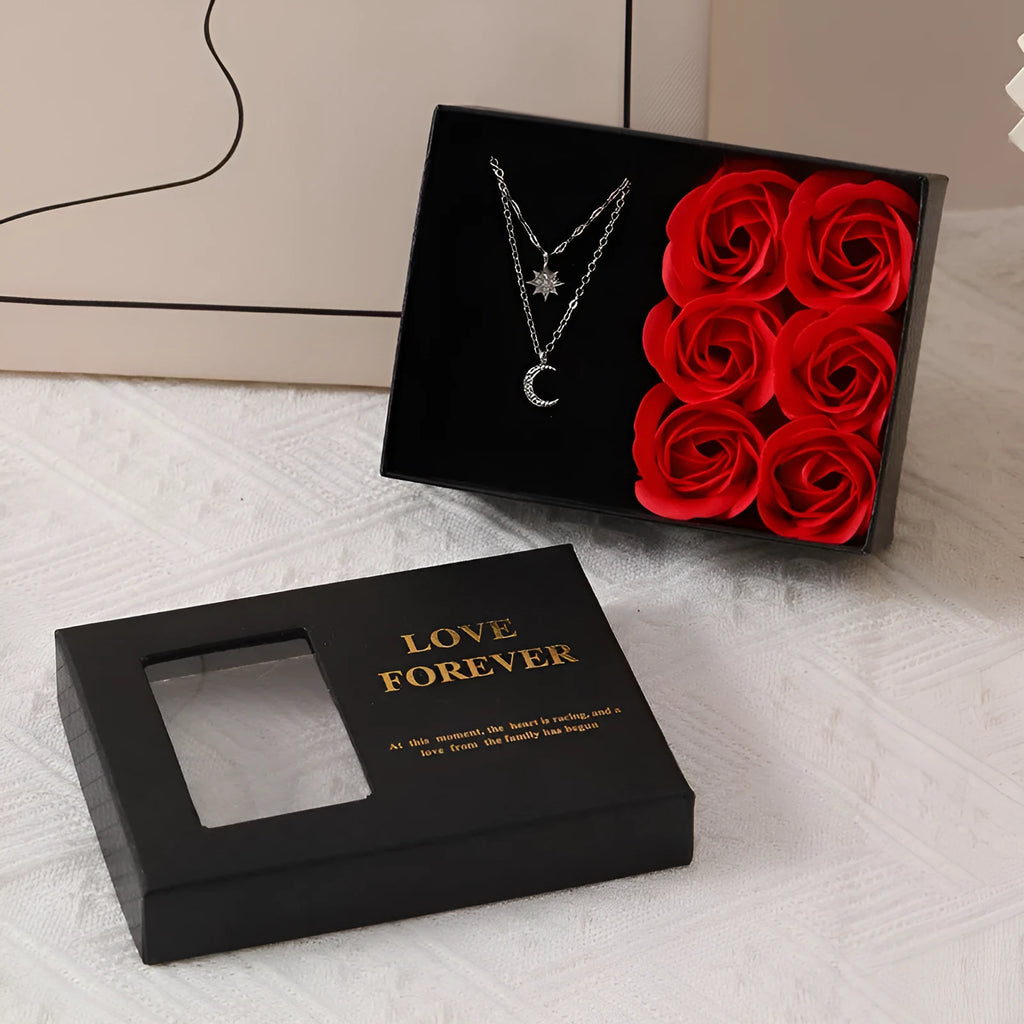 Korean style soap flower gift box containing six roses with gift box and handbag in red, pink or black colours