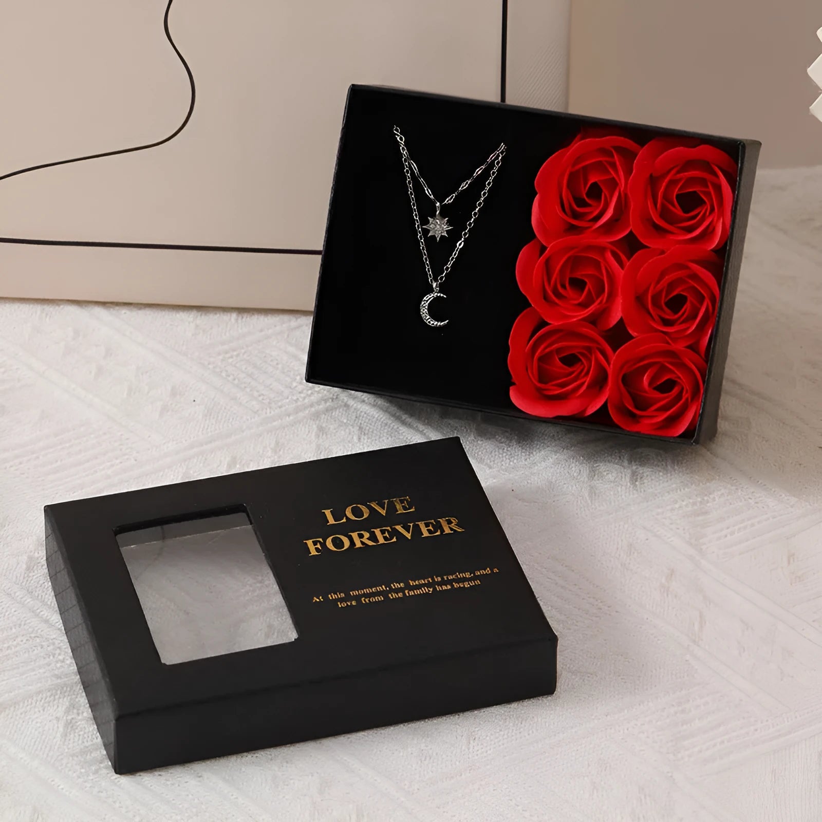Korean style soap flower gift box containing six roses with gift box and handbag in red, pink or black colours