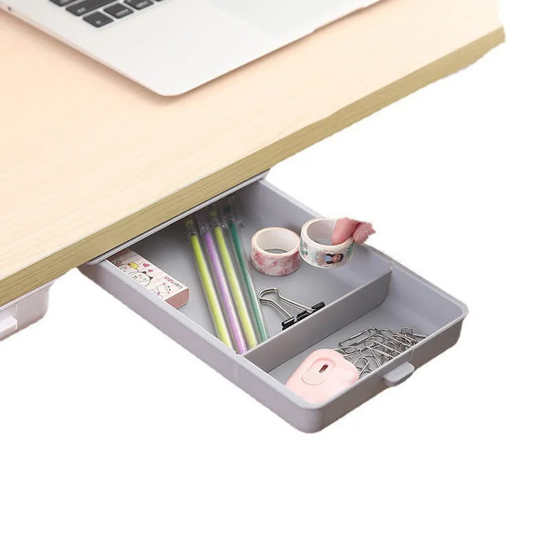 Plastic under-table storage drawer with adhesive mounting in grey colour