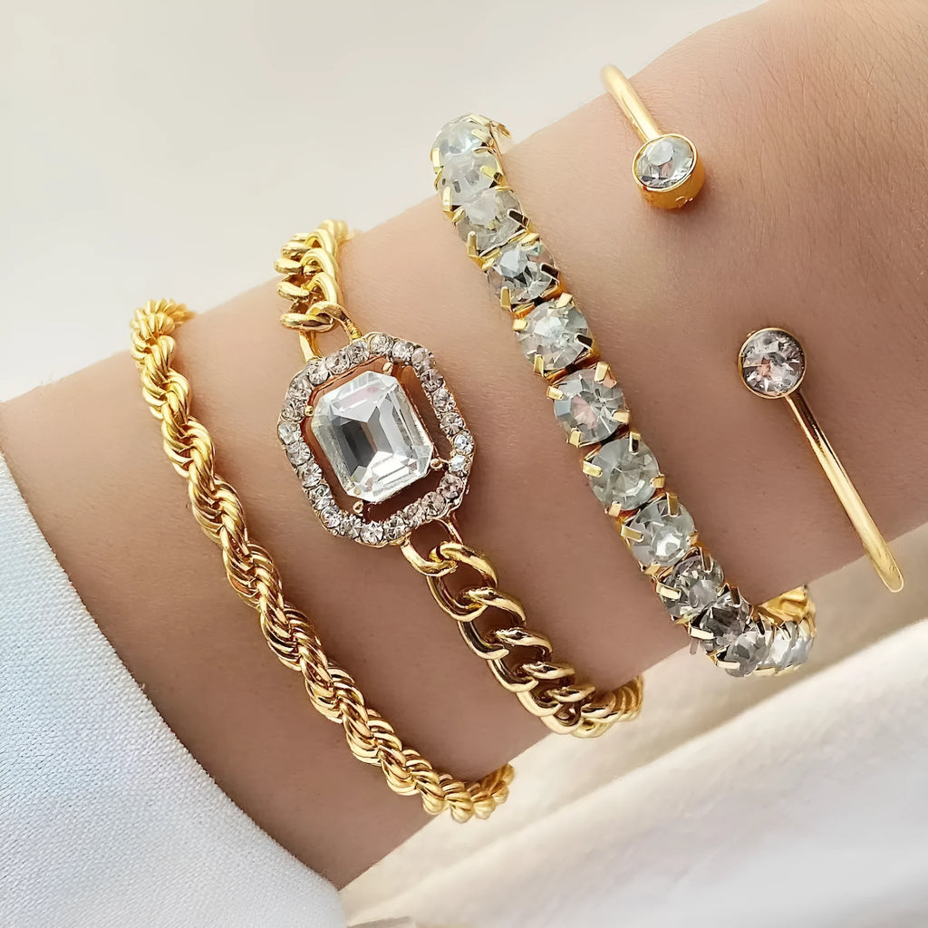 Four geometric retro-style alloy bracelets with square diamond design in gold and silver colours