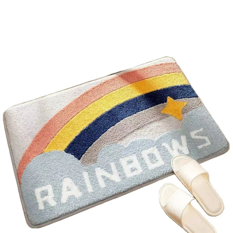 Rainbow pattern cashmere carpet floor mat with plastic bottom in sky sea colour, square shape available in two sizes