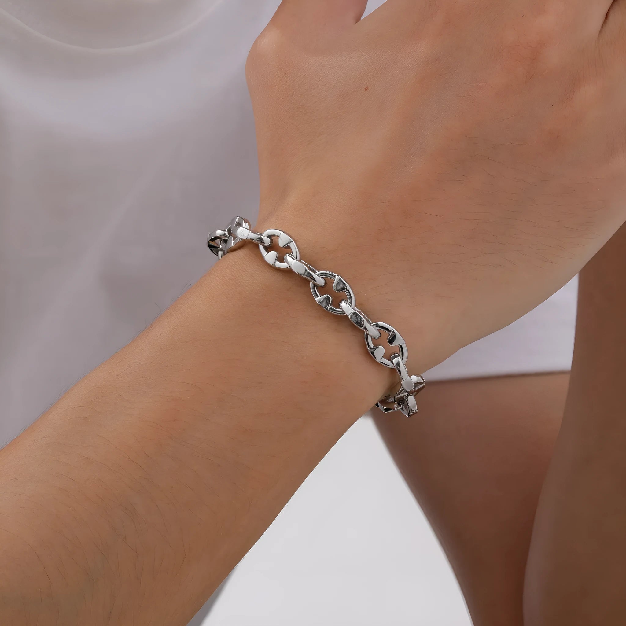 Handmade geometric stainless steel chain bracelet for men in a steel colour.