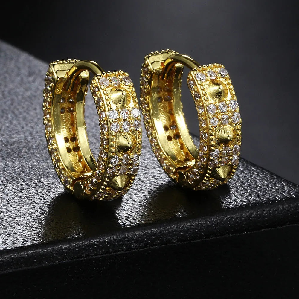Geometric hip hop ear clip earrings with full diamond design and circular decorative elements