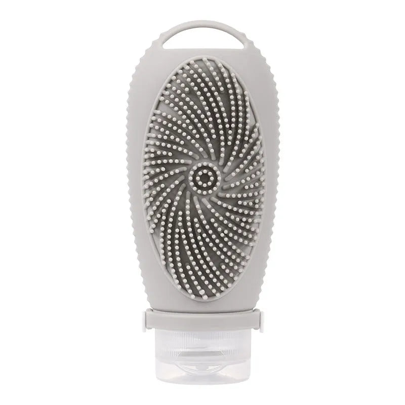 Silicone bath brush storage bottle in various colours showing 100ml capacity for bathroom organisation