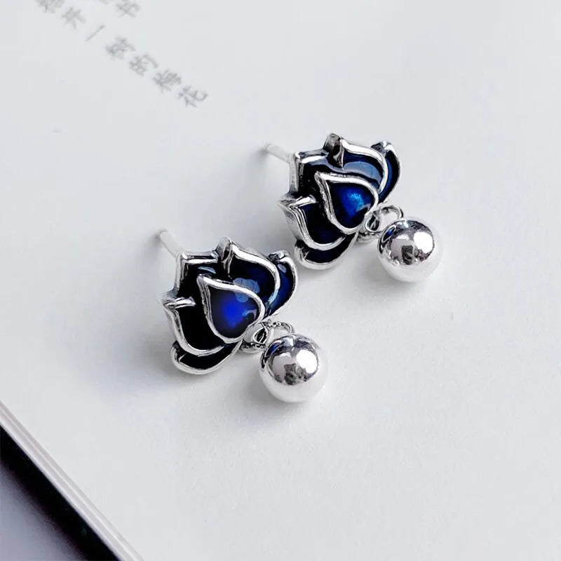 Blue lotus seedpod and tassel drop earrings for women, alloy with silver needle, 1.2cm wide.