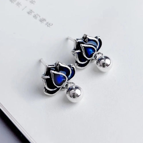 Blue lotus seedpod and tassel drop earrings for women, alloy with silver needle, 1.2cm wide.