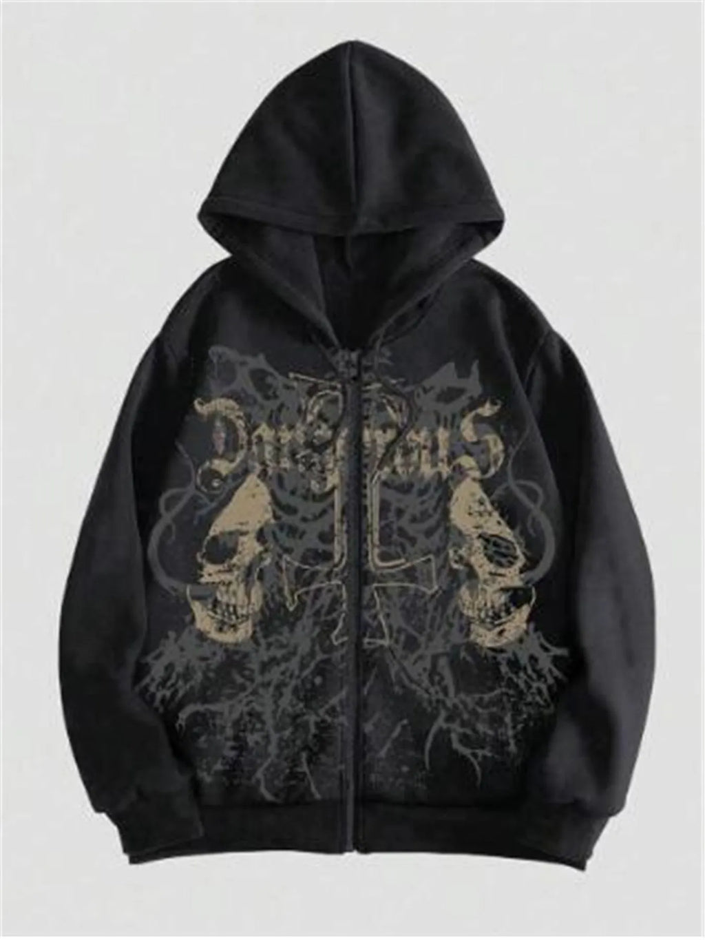 Men's black skull print hooded sweatshirt with long sleeves and cotton blend fabric