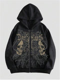 Men's black skull print hooded sweatshirt with long sleeves and cotton blend fabric