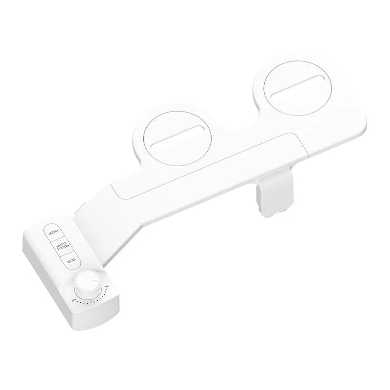 Pure white bidet attachment with button control and detachable nozzle on modern toilet