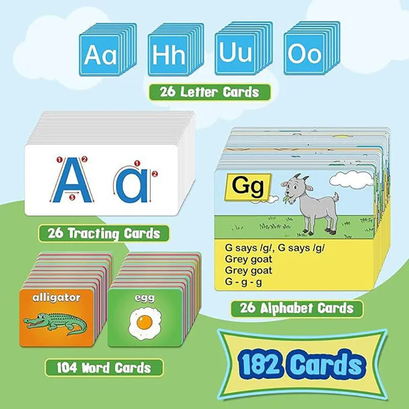 Alphabet learning sleeve table chart with a large set of educational cards for home use.