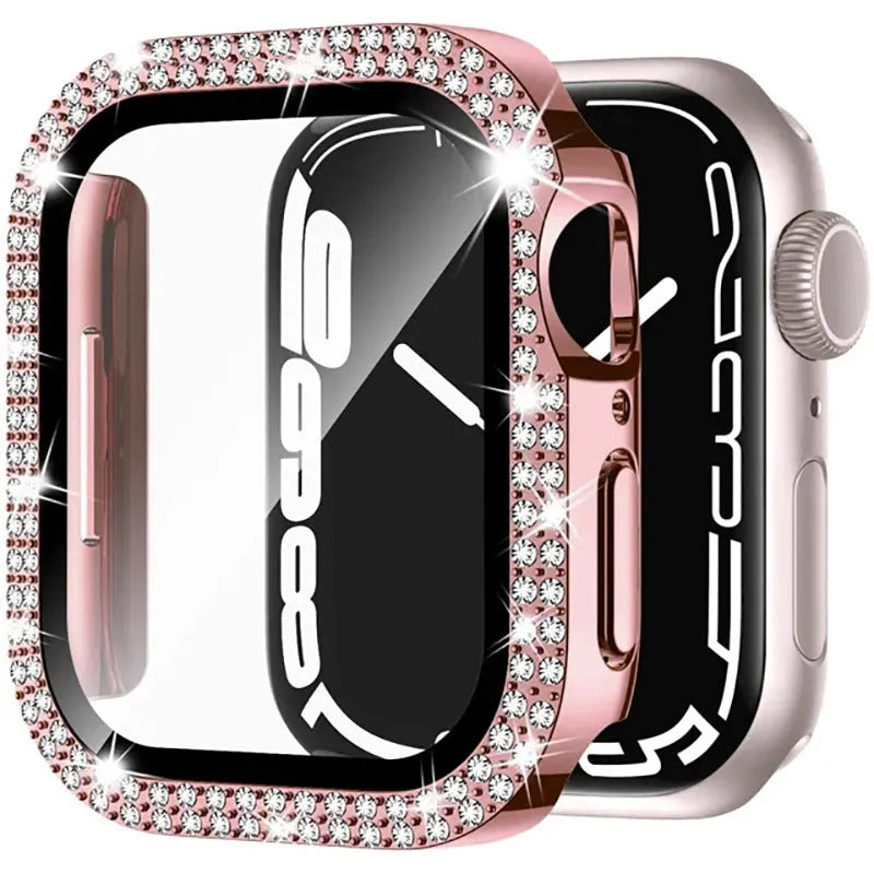 Double diamond glass Apple Watch case in rose pink, showing screen protection for a smartwatch.