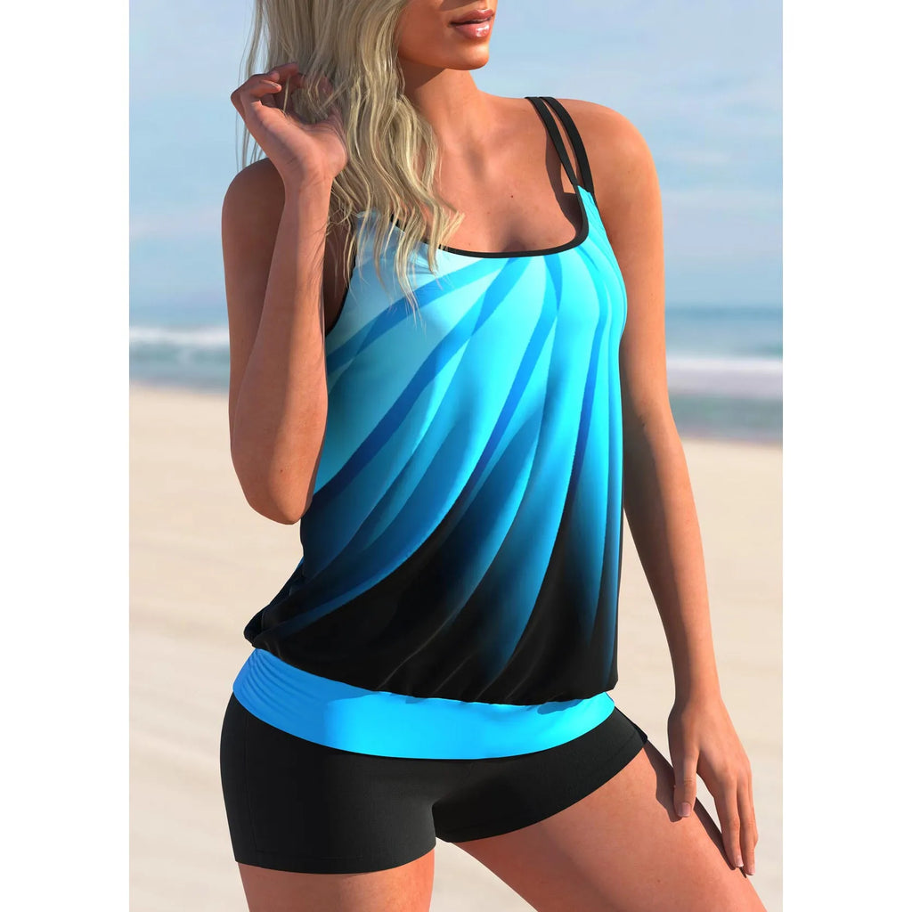 Plus size women's printed swimsuit set with conservative shorts and sling top in butterfly print