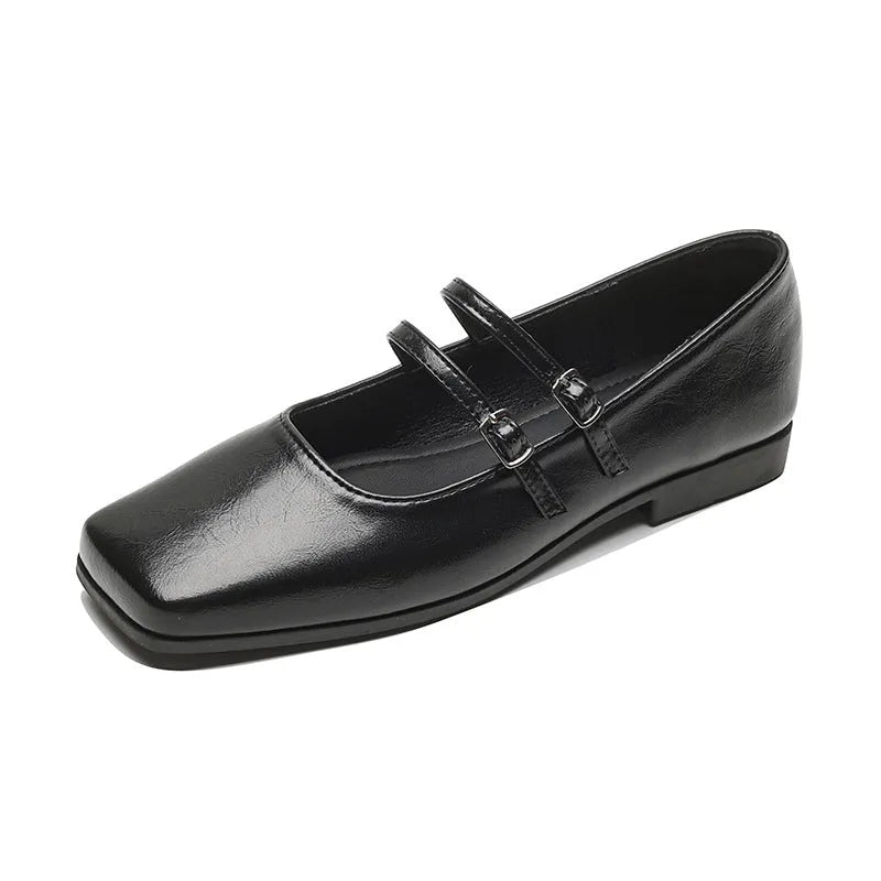 Silver women's Mary Jane ballet slippers with cross buckle strap on genuine leather upper