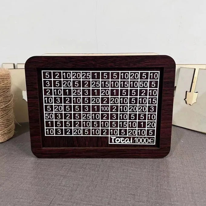 Wooden digital coin bank with retro design and modern simplicity style.