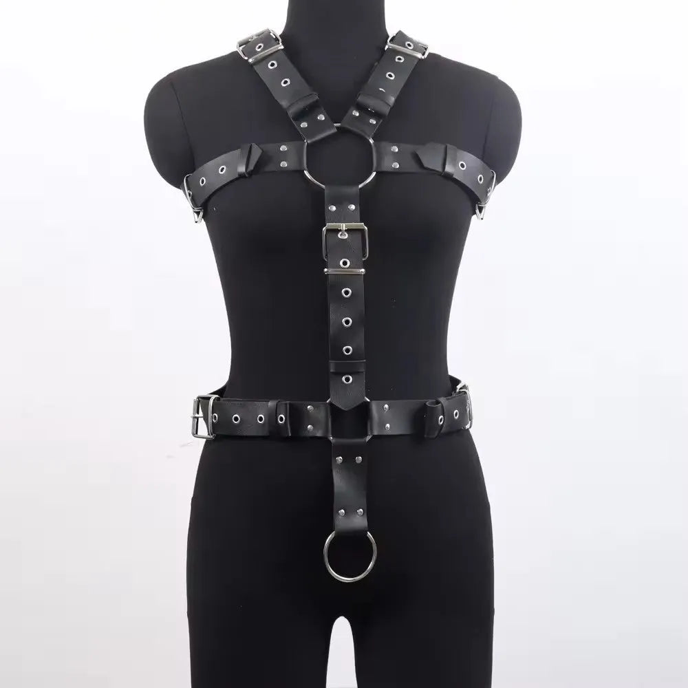Black thin-strap imitation leather body harness waist belt with a pin buckle fastening.