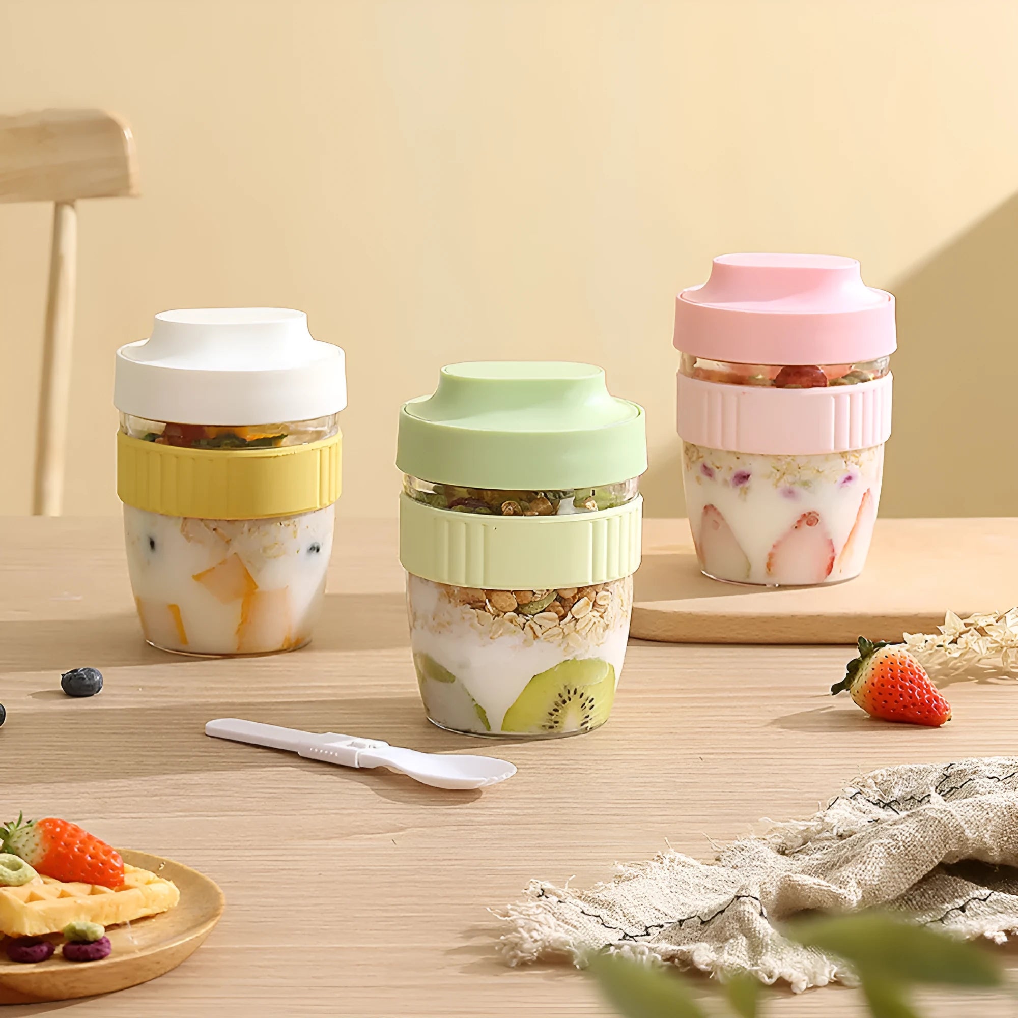 Green microwave-safe plastic salad cup with white resealable lid and integrated spoon, shown with capacity options.