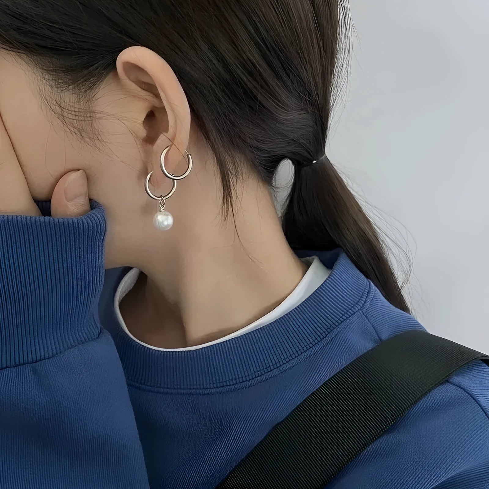 Alloy pearl earrings with geometric round drop design and titanium steel construction