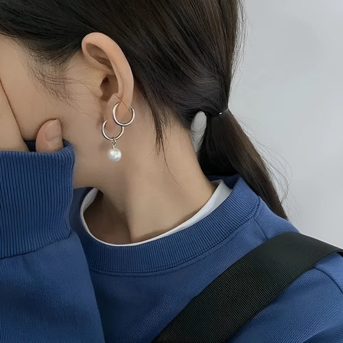 Alloy pearl earrings with geometric round drop design and titanium steel construction