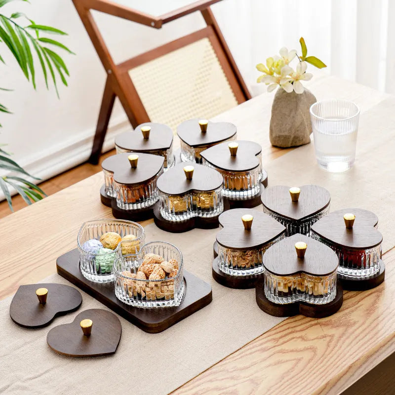 Glass fruit platter set with transparent heart-shaped lid in mild luxury retro style