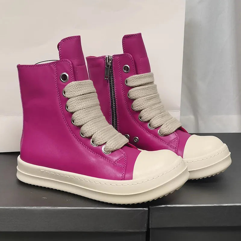 High-top leather sneakers with side zipper in black, creamy white, rose red, and olive green colours