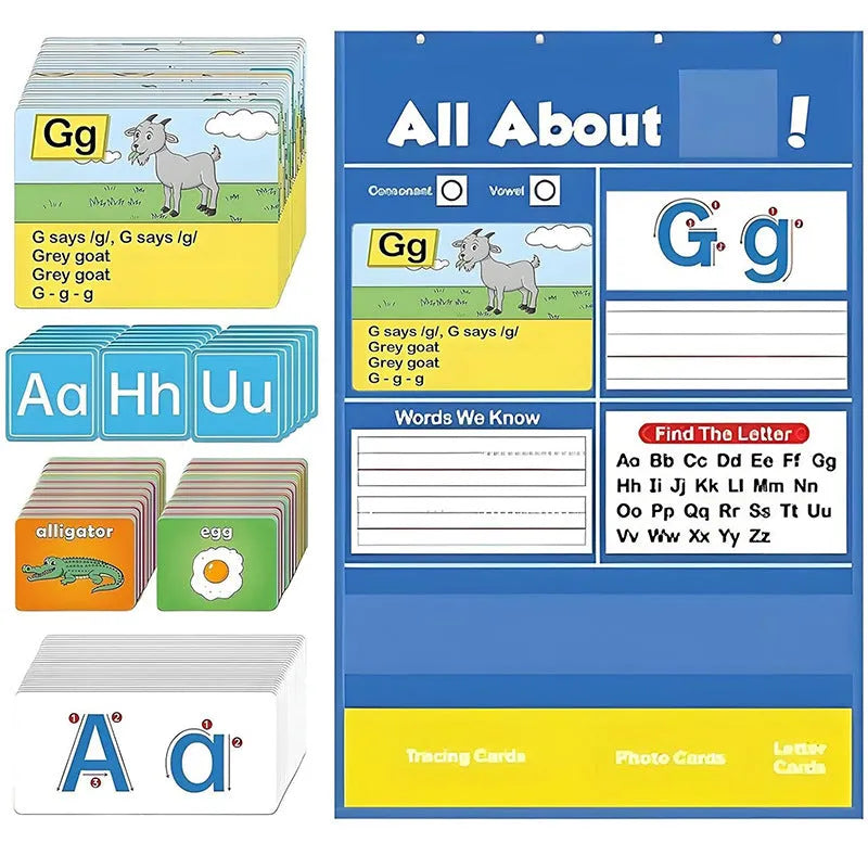 Alphabet learning sleeve table chart with a large set of educational cards for home use.