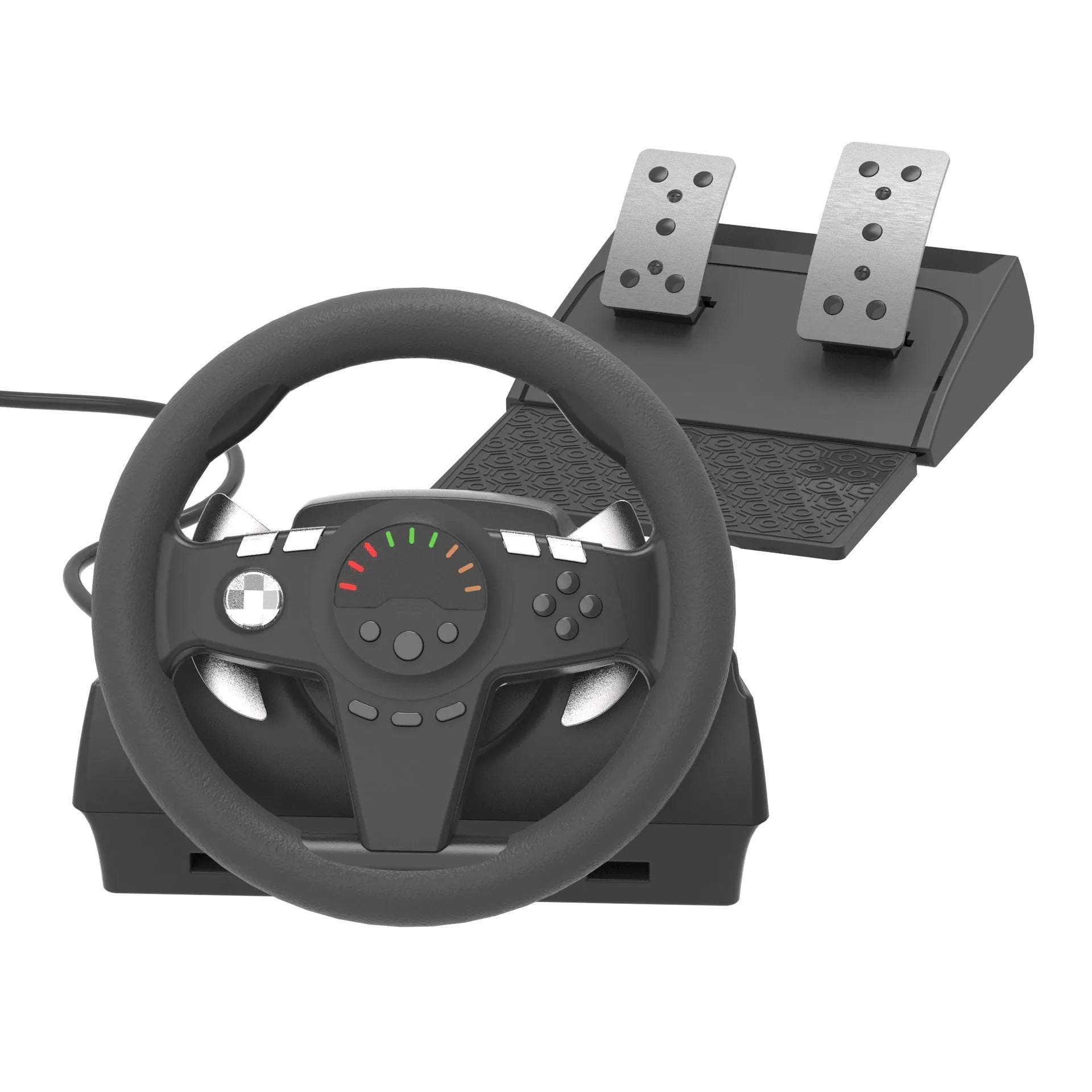 Black multi-platform gaming steering wheel with two pedals and paddle shifters