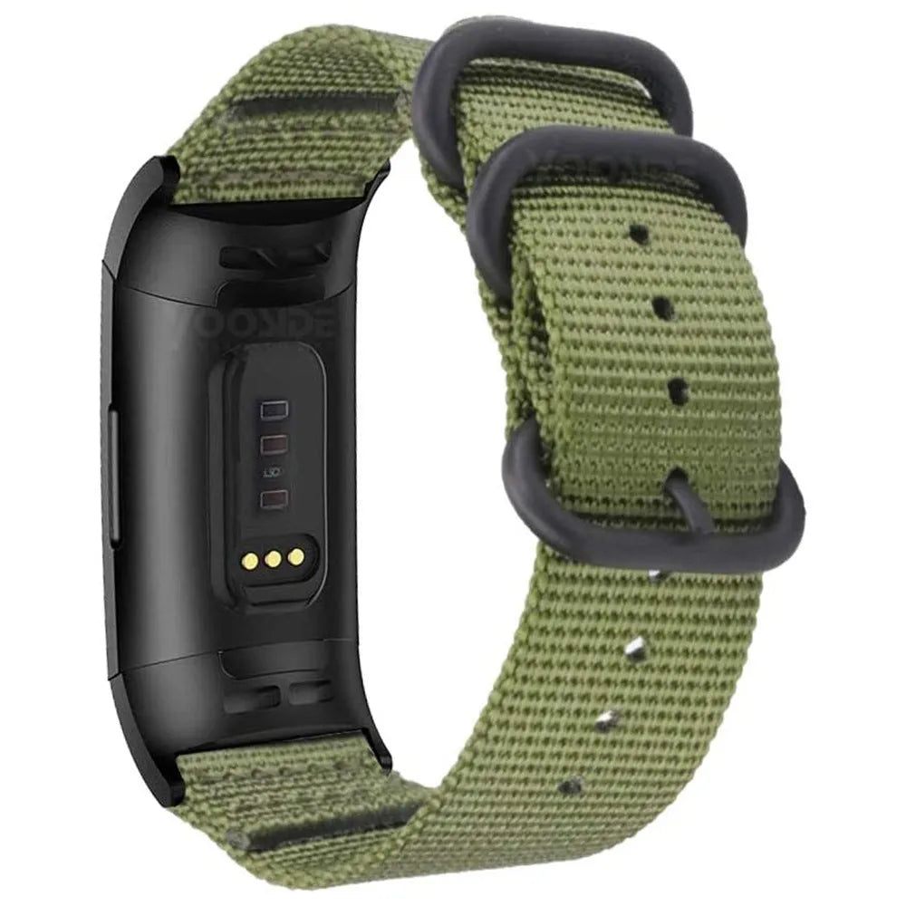 Nylon replacement watch strap with three-ring buckle for Fitbit Charge 2, 3, 4, and 5 fitness trackers.