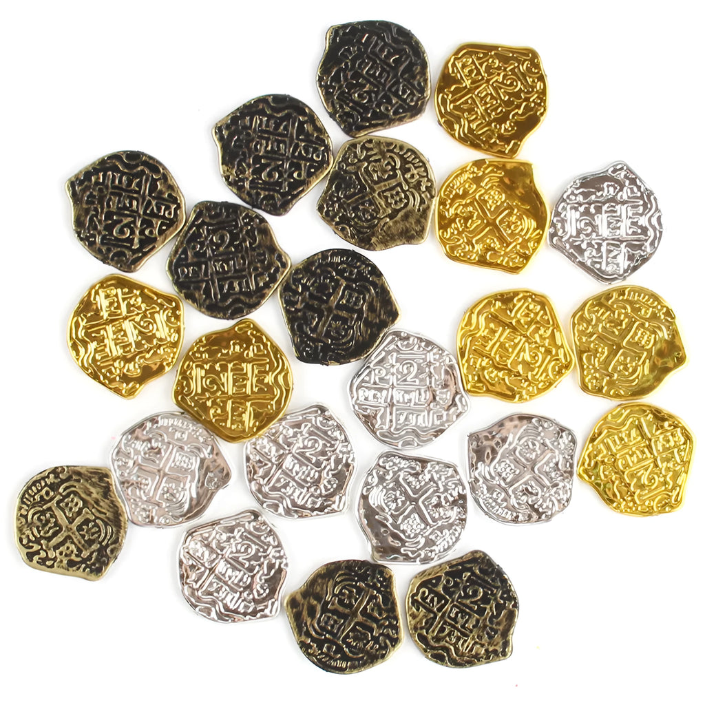 Set of 100 electroplated Roman coin replicas in gold, silver, or bronze finishes for pirate treasure displays
