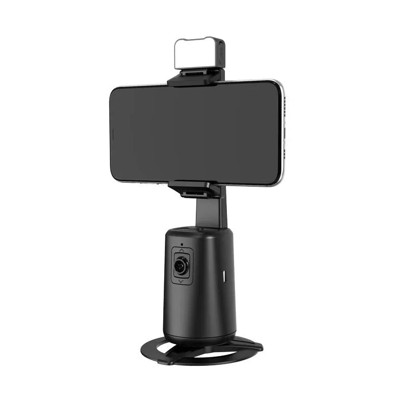 Black desktop smartphone bracket with intelligent face tracking and rotating camera head with ribbon lights