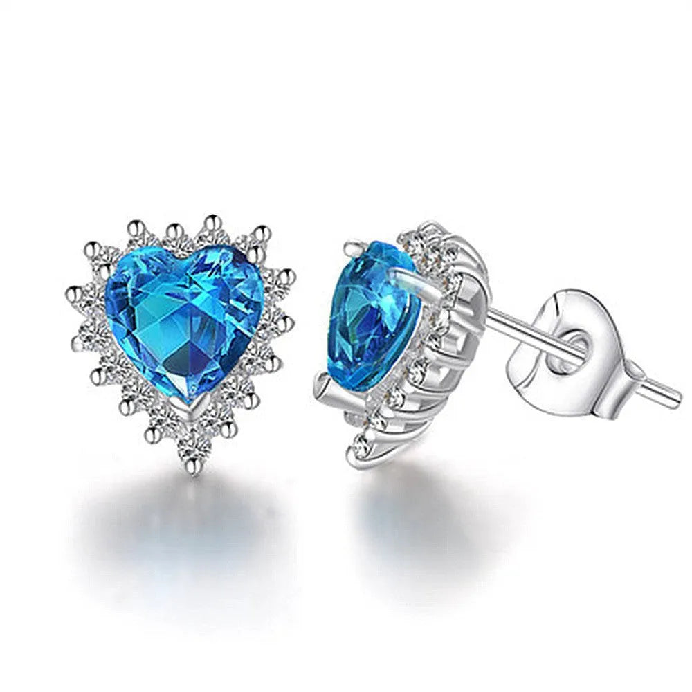 Heart-shaped six-claw inlaid zircon earrings for women, copper electroplated drop earrings with love motif