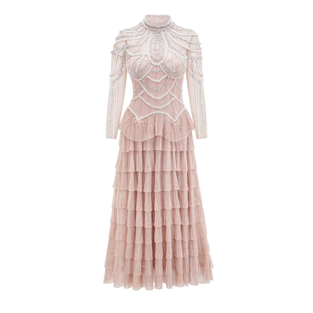 Women's black beaded long sleeve evening dress with three-dimensional decoration and mid-waist design