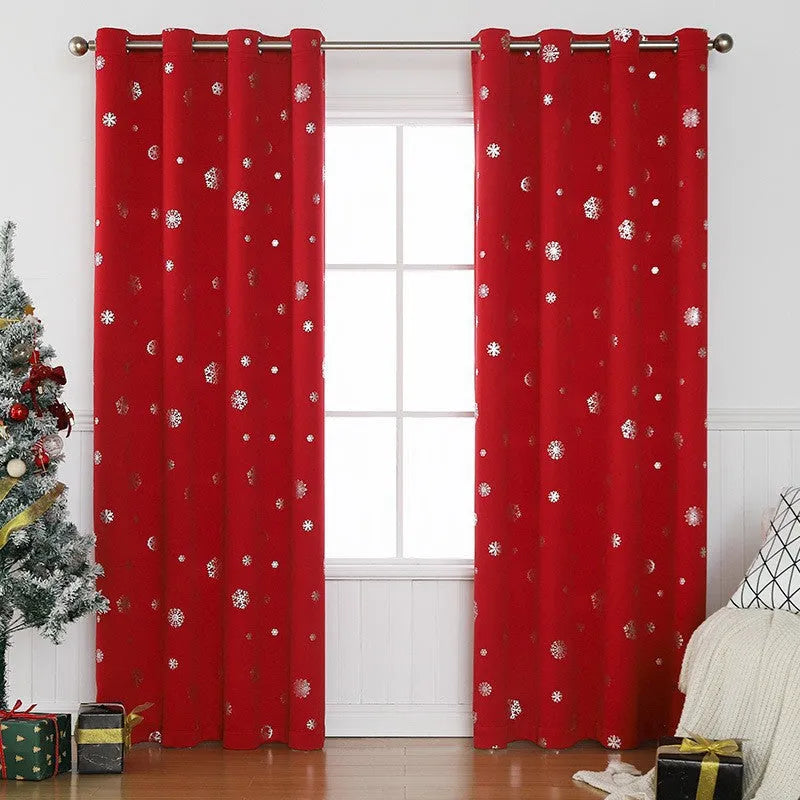 Hole-free snowflake pattern shade cloth curtain in red or green with lace loop or iron hoop detailing