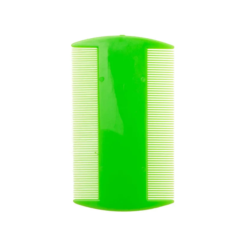 Double-edged plastic fine tooth flea and lice comb in assorted colours on a white background.