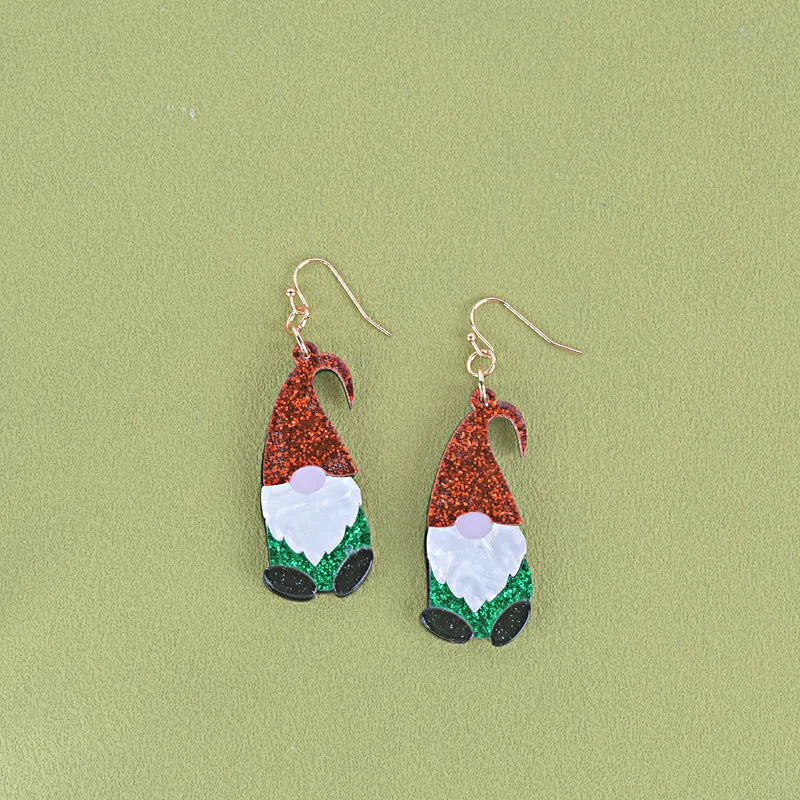 Santa Claus cartoon character acrylic earrings in red and green hat colour variations