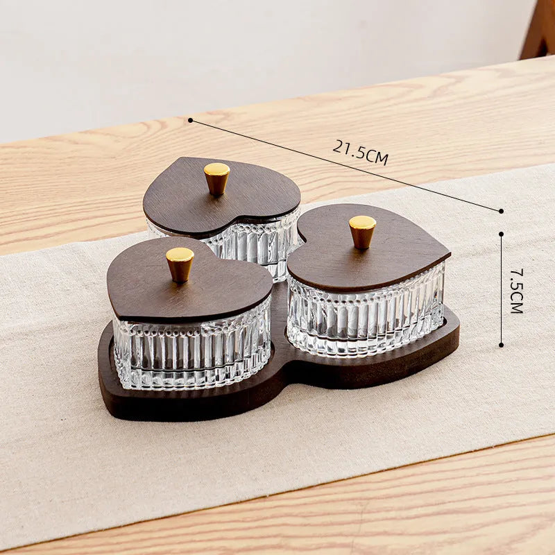 Glass fruit platter set with transparent heart-shaped lid in mild luxury retro style
