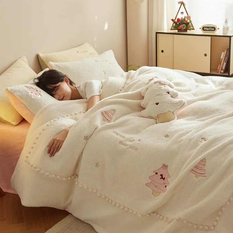 Milk fibre bedding four-piece set with Christmas tree pattern in green or pink for bed sizes 1.2m to 2.0m wide