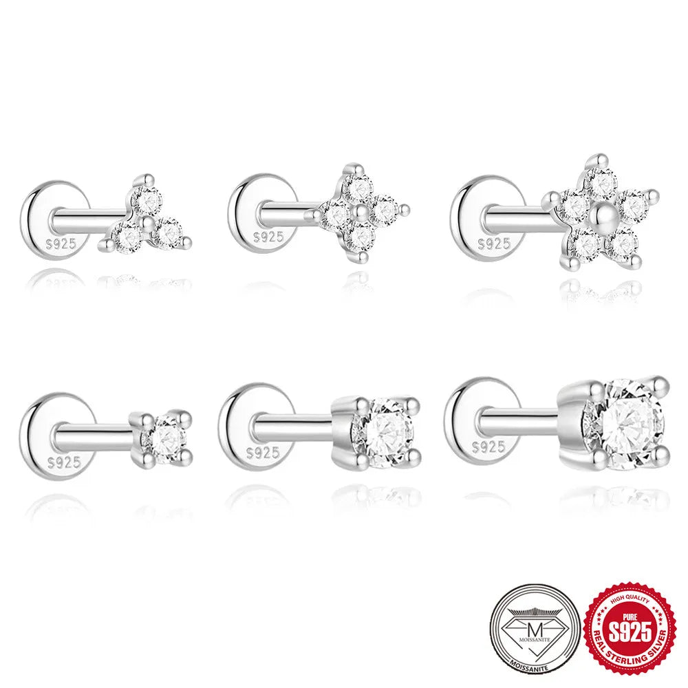 S925 sterling silver stud earrings with petal diamond debris design in platinum colour on white background.