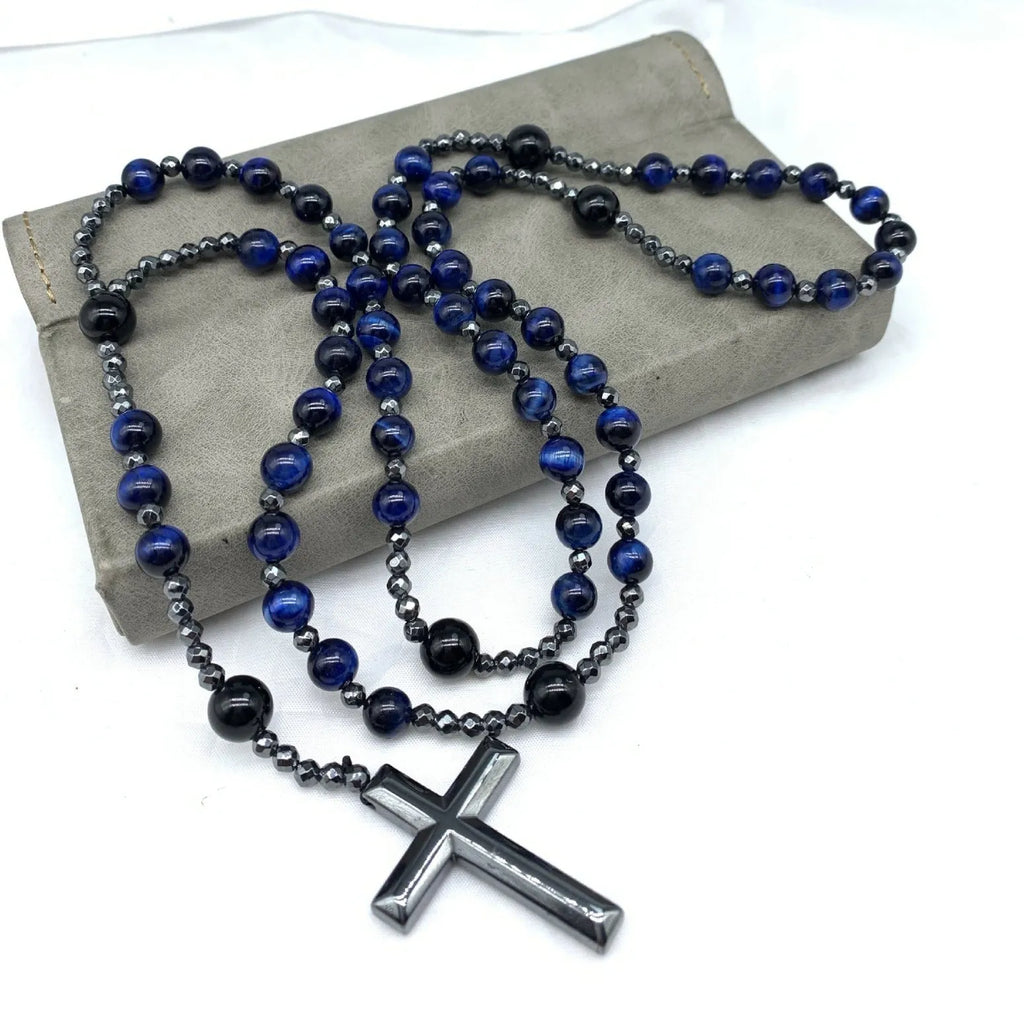 Men's stone cross pendant necklace with hand-woven detail on ball bead chain