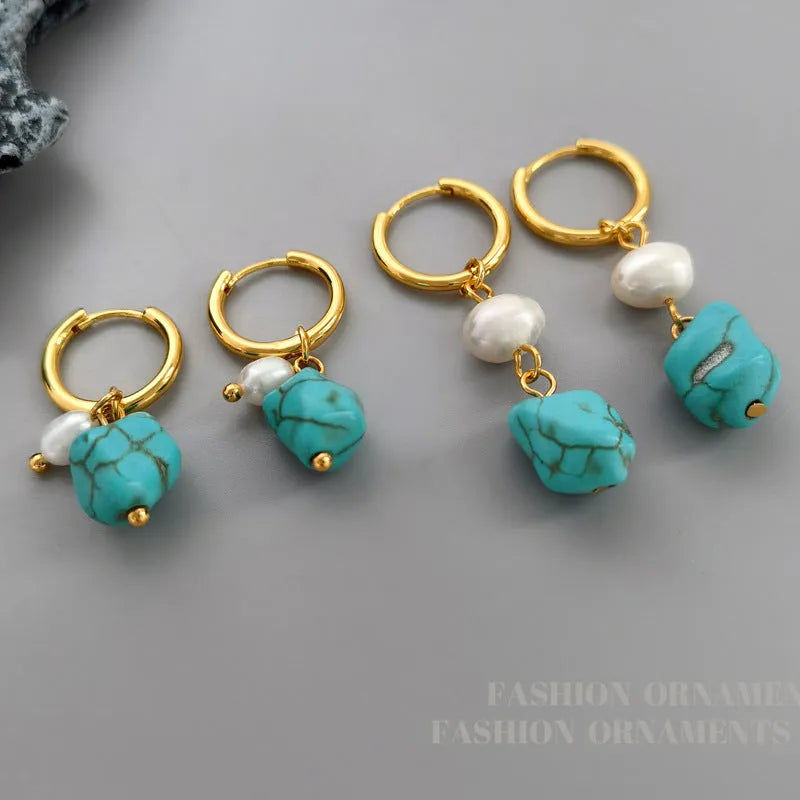 A pair of long and a pair of short geometric clip-on earrings with turquoise and cultured pearls.