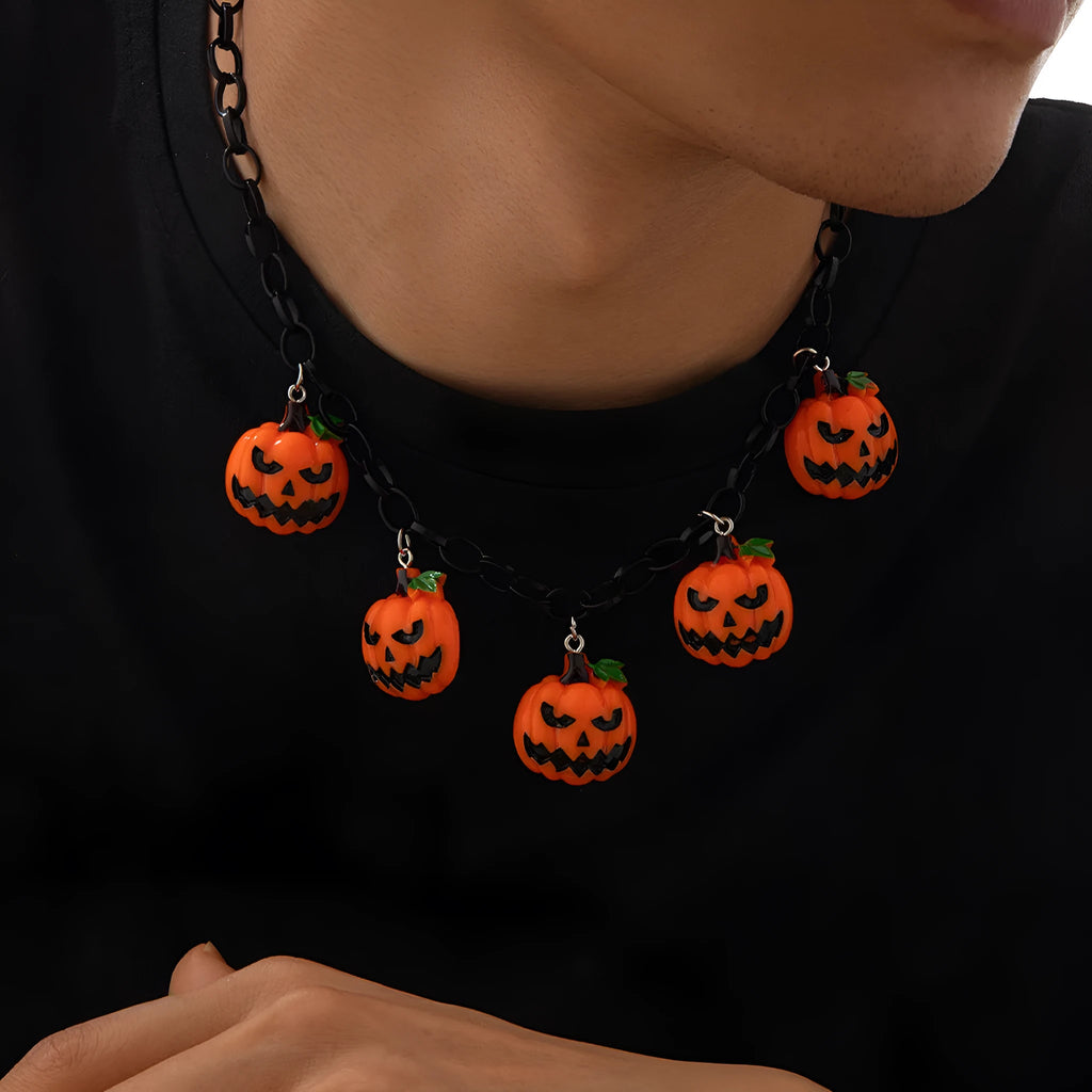 Mixed colour ghost pumpkin acrylic necklace on a regular chain, cartoon Halloween styling.