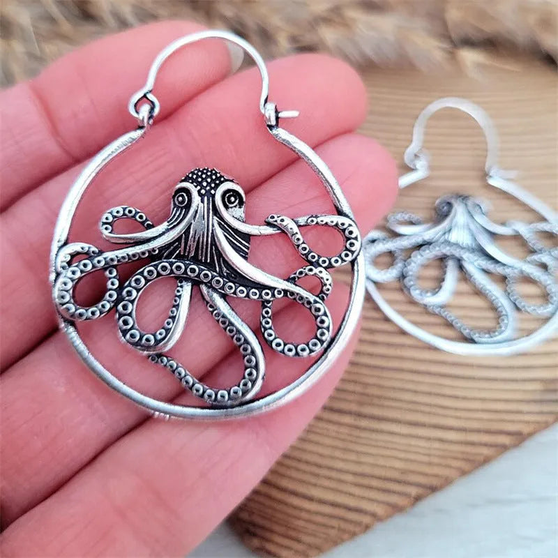 Vintage octopus earrings in antique silver finish with retro animal styling