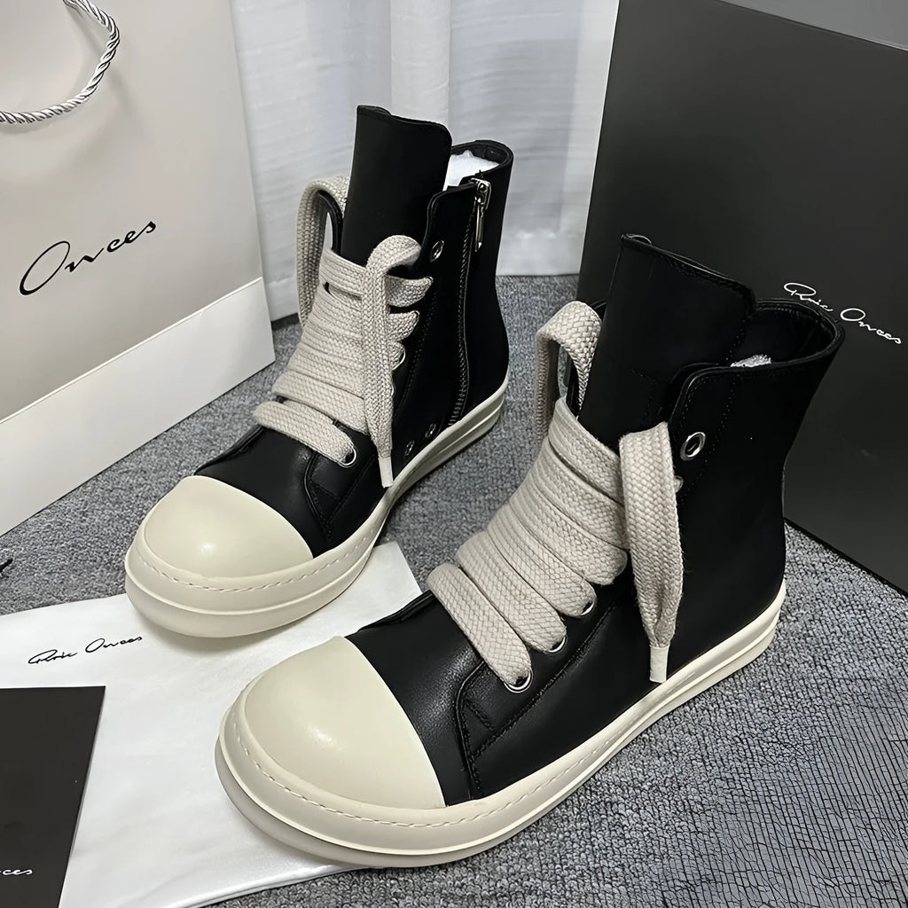 High-top leather sneakers with side zipper in black, creamy white, rose red, and olive green colours